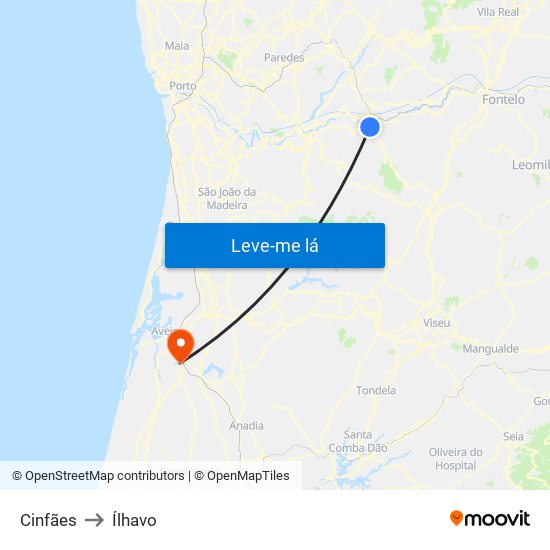 Cinfães to Ílhavo map