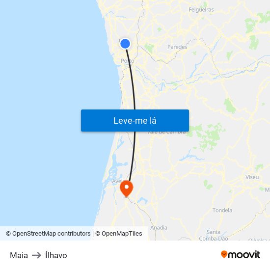 Maia to Ílhavo map