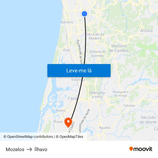 Mozelos to Ílhavo map