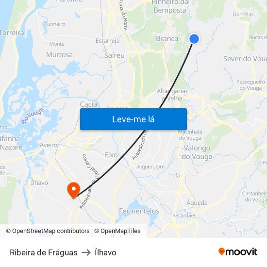 Ribeira de Fráguas to Ílhavo map