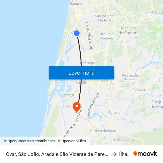 Ovar, São João, Arada e São Vicente de Pereira Jusã to Ílhavo map