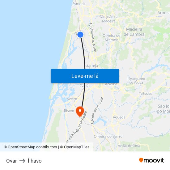Ovar to Ílhavo map