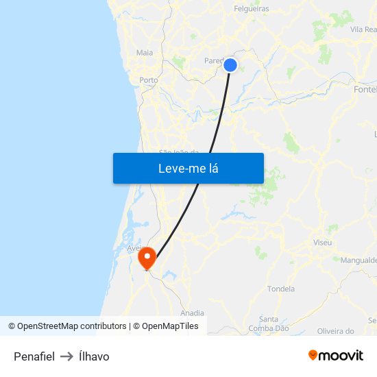 Penafiel to Ílhavo map