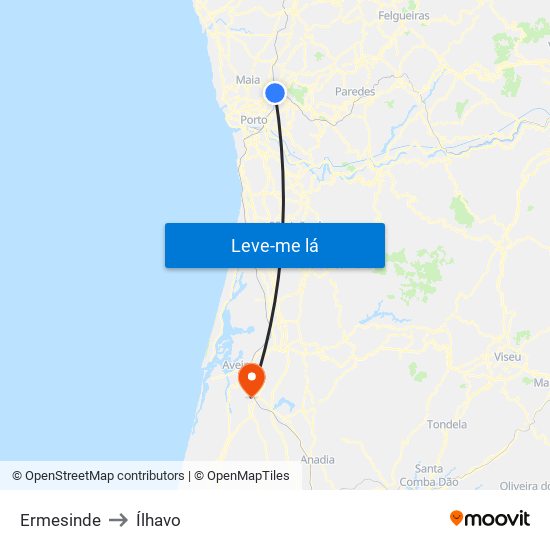 Ermesinde to Ílhavo map