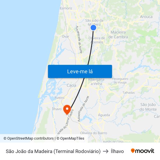 São João da Madeira (Terminal Rodoviário) to Ílhavo map