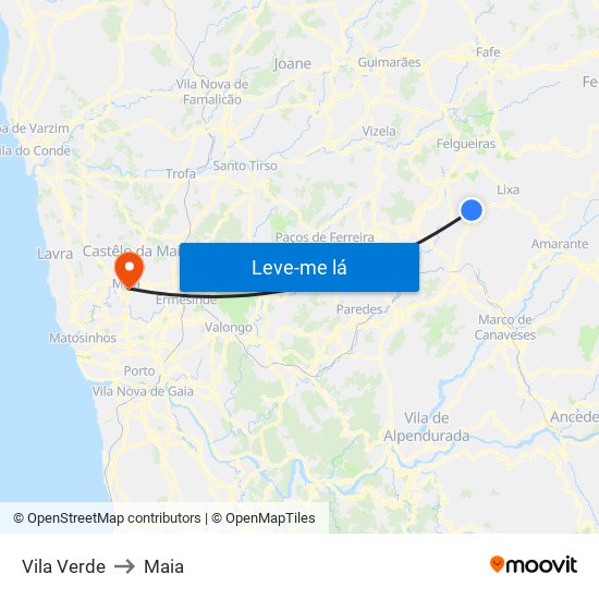 Vila Verde to Maia map