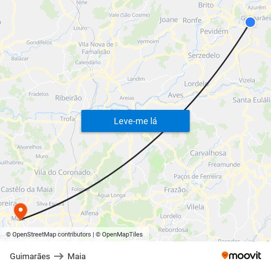 Guimarães to Maia map