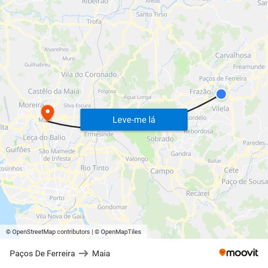 Paços De Ferreira to Maia map