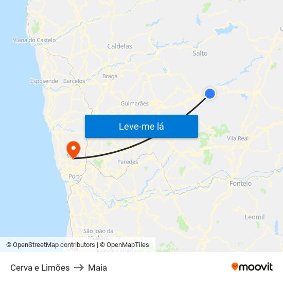 Cerva e Limões to Maia map