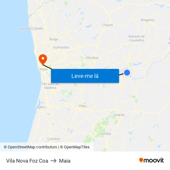 Vila Nova Foz Coa to Maia map