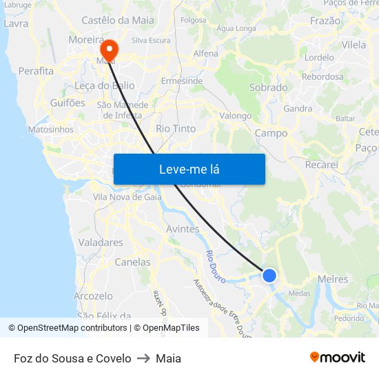 Foz do Sousa e Covelo to Maia map