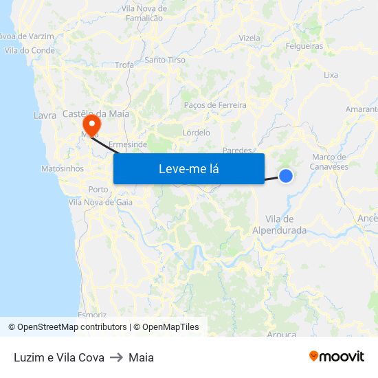 Luzim e Vila Cova to Maia map