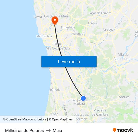 Milheirós de Poiares to Maia map