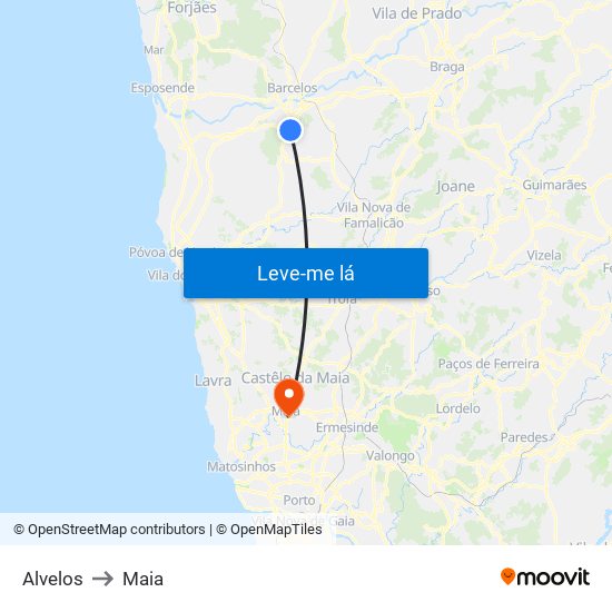Alvelos to Maia map