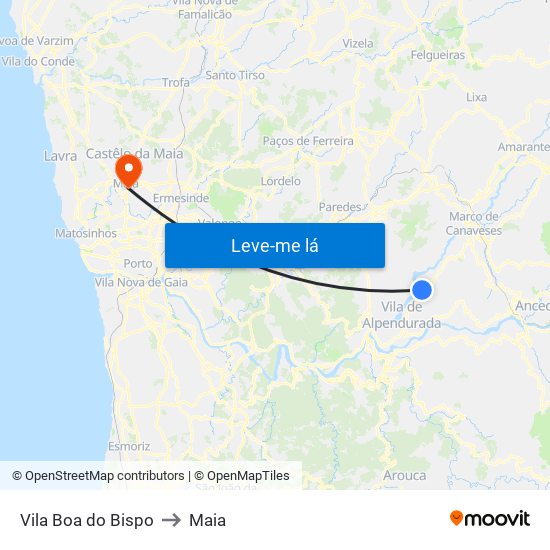 Vila Boa do Bispo to Maia map