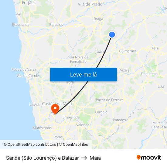 Sande (São Lourenço) e Balazar to Maia map