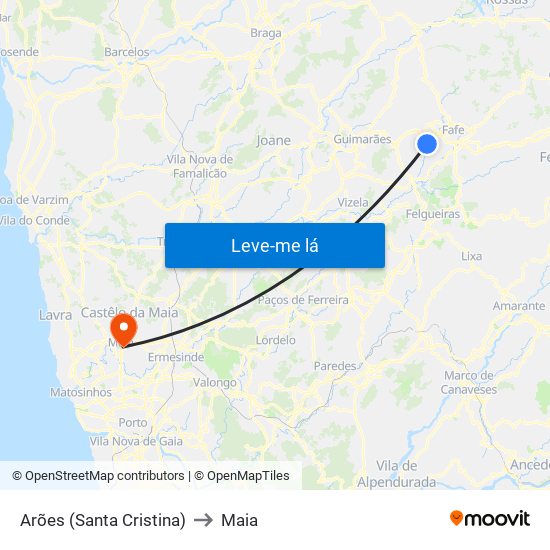 Arões (Santa Cristina) to Maia map