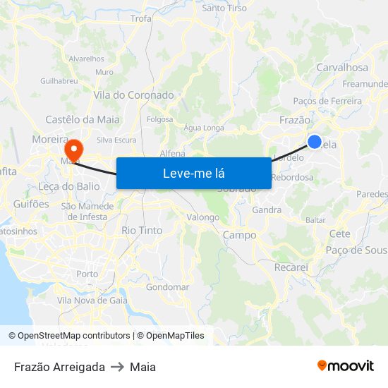 Frazão Arreigada to Maia map