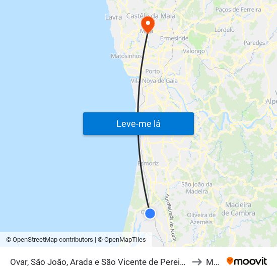 Ovar, São João, Arada e São Vicente de Pereira Jusã to Maia map