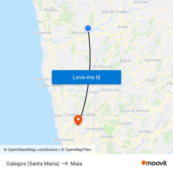 Galegos (Santa Maria) to Maia map