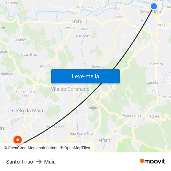 Santo Tirso to Maia map