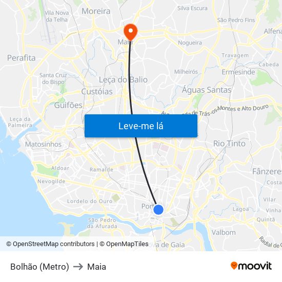 Bolhão (Metro) to Maia map