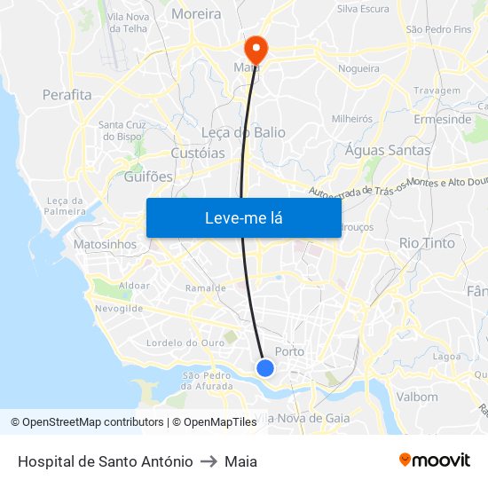Hospital de Santo António to Maia map