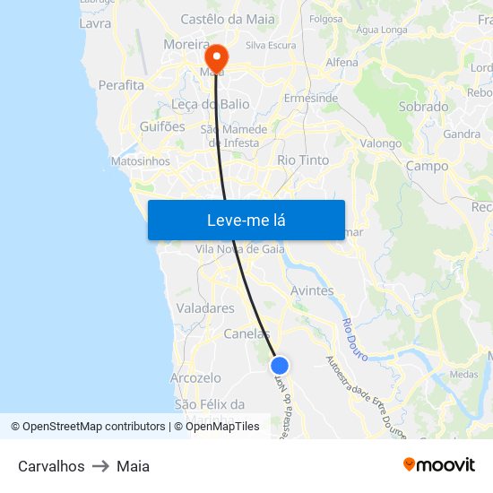 Carvalhos to Maia map