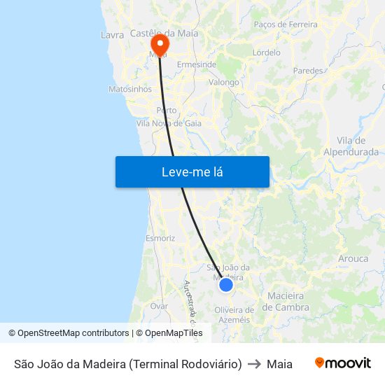 São João da Madeira (Terminal Rodoviário) to Maia map