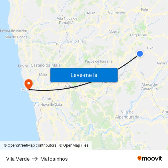 Vila Verde to Matosinhos map