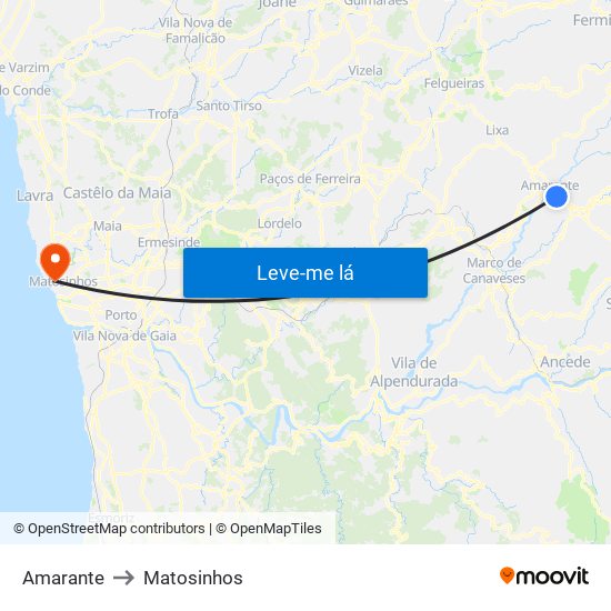 Amarante to Matosinhos map