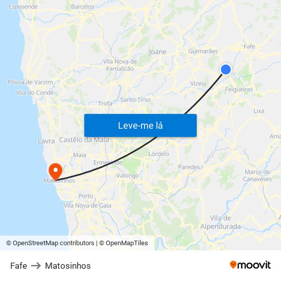 Fafe to Matosinhos map