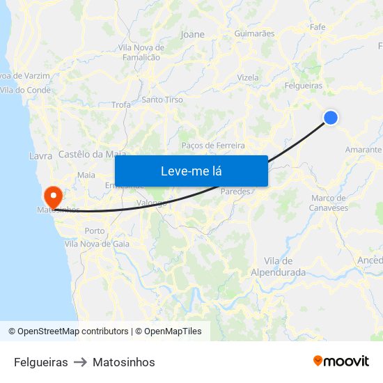 Felgueiras to Matosinhos map