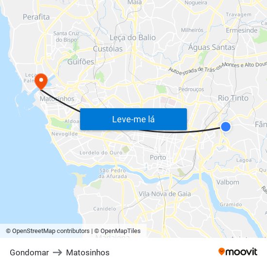 Gondomar to Matosinhos map