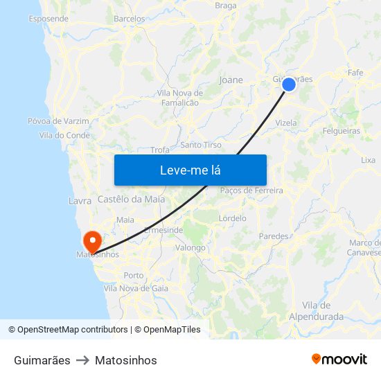 Guimarães to Matosinhos map