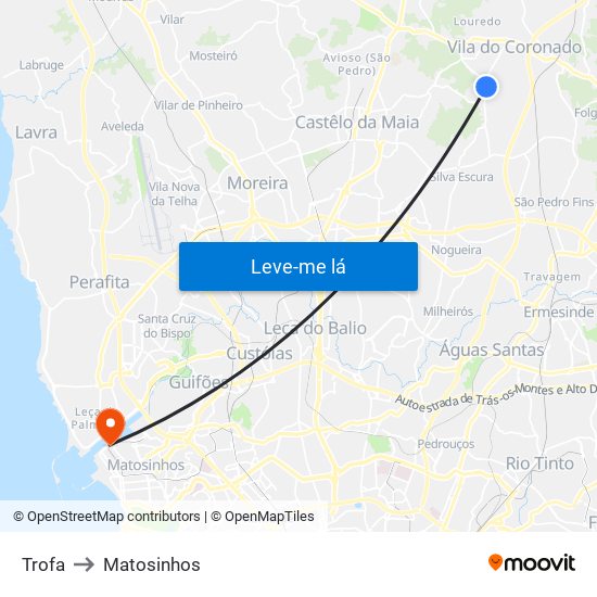 Trofa to Matosinhos map