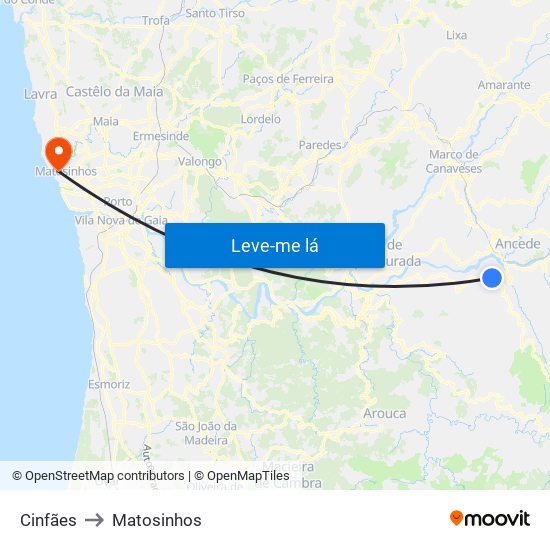 Cinfães to Matosinhos map