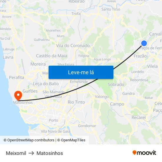 Meixomil to Matosinhos map