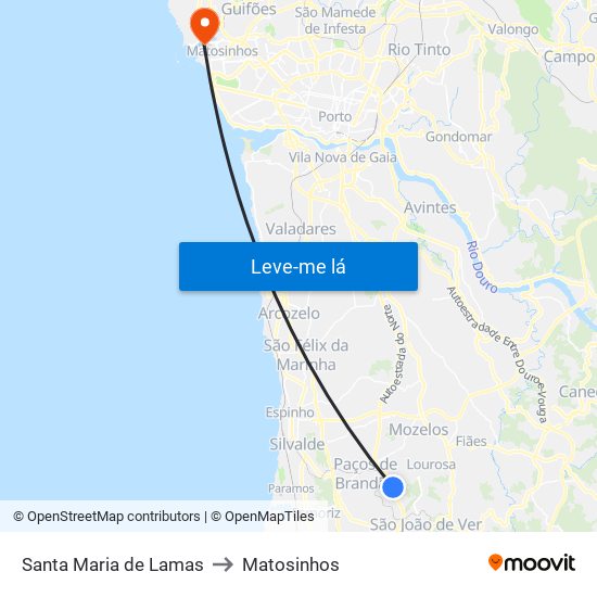 Santa Maria de Lamas to Matosinhos map