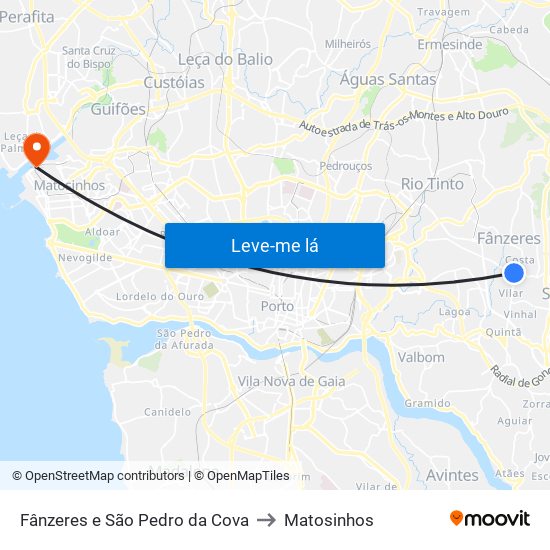 Fânzeres e São Pedro da Cova to Matosinhos map