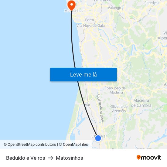 Beduído e Veiros to Matosinhos map