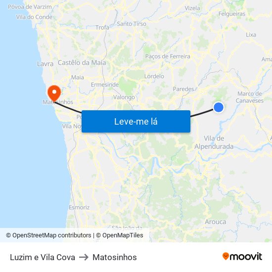 Luzim e Vila Cova to Matosinhos map