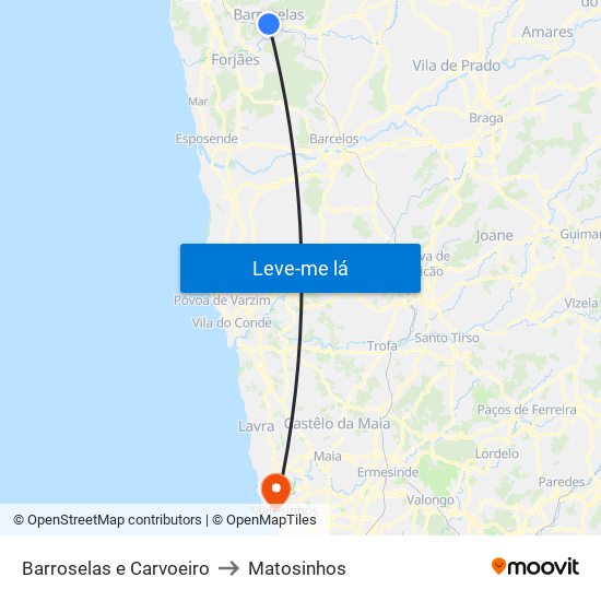 Barroselas e Carvoeiro to Matosinhos map