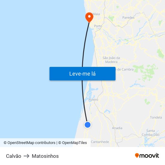 Calvão to Matosinhos map