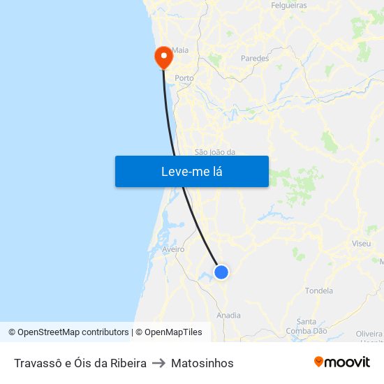 Travassô e Óis da Ribeira to Matosinhos map