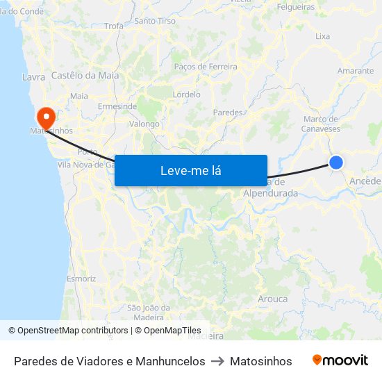 Paredes de Viadores e Manhuncelos to Matosinhos map