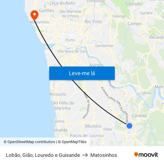 Lobão, Gião, Louredo e Guisande to Matosinhos map
