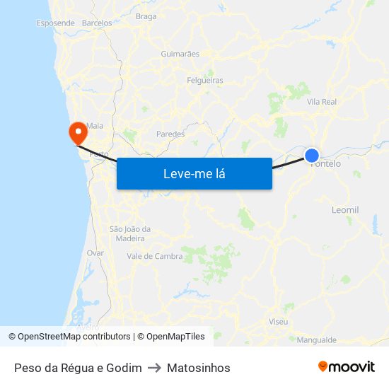 Peso da Régua e Godim to Matosinhos map