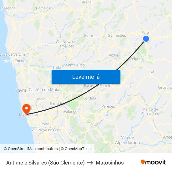 Antime e Silvares (São Clemente) to Matosinhos map