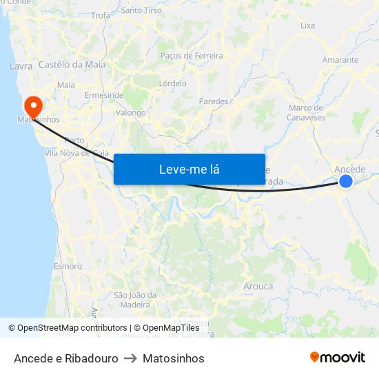 Ancede e Ribadouro to Matosinhos map